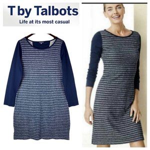 New Talbots Large 12 14 Shift Shirt Dress Striped Navy Blue Terry Cloth Stretch